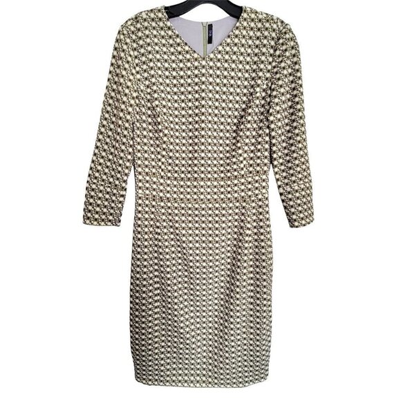 Piol New York Geometric Box Print V Neck Long Sleeve Green Zip Dress Size Medium - Picture 1 of 14